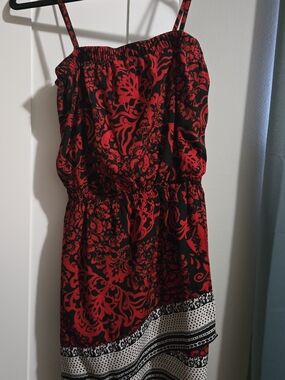 Vintage Express Red and Black Floral Mini Dress with Border Print